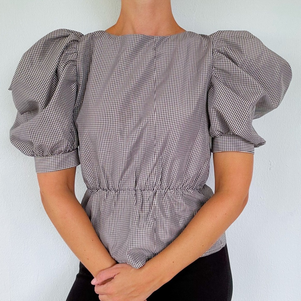 TopShop black gray check print oversized puff sleeve peplum blouse size 4